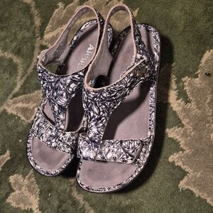 Alegria Black & White Floral T-Strap Slingback Sandals